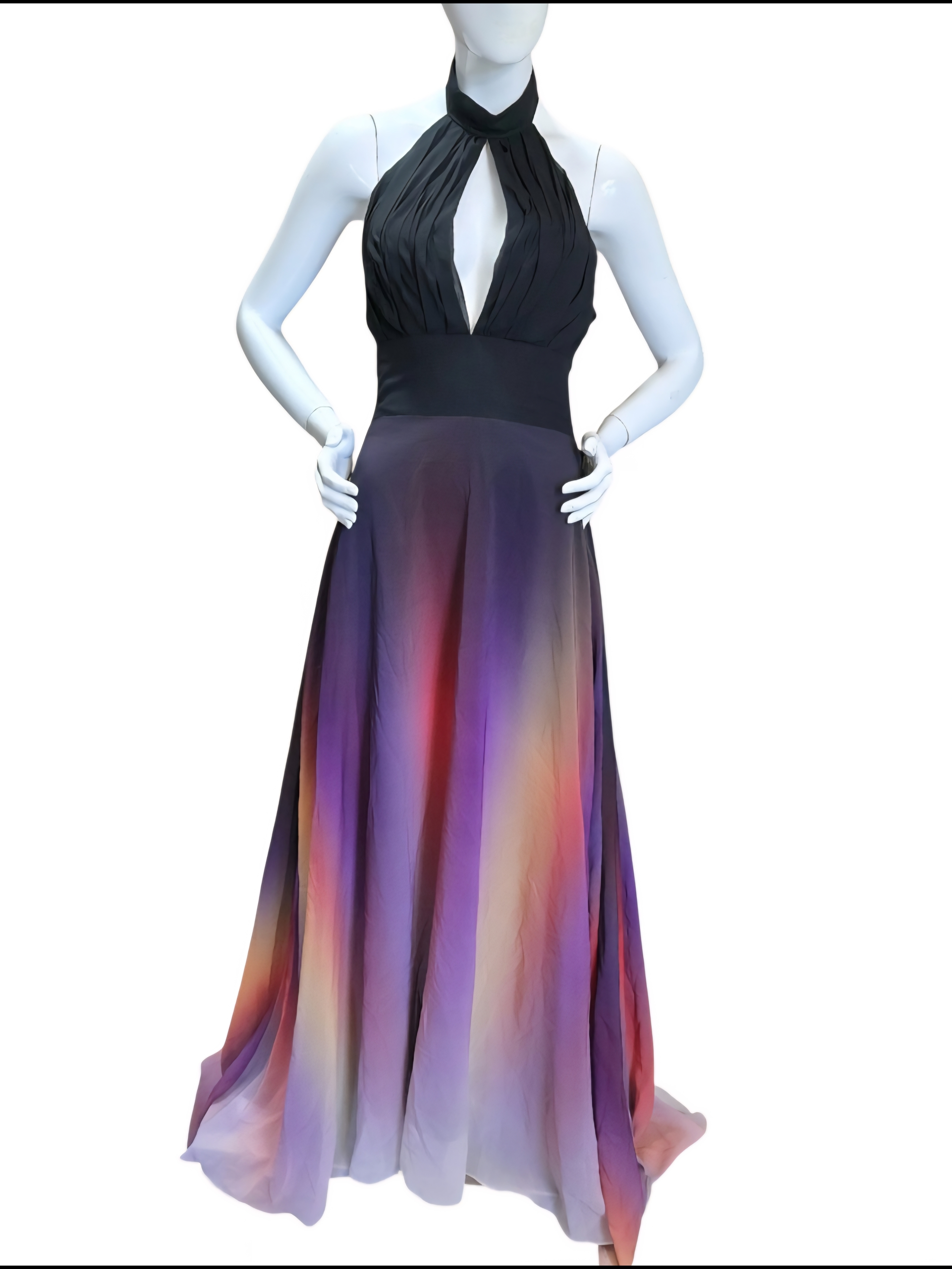 Nwt - Elegant Halter Ombre Evening Gown Prom Dress In Black And Multicolor